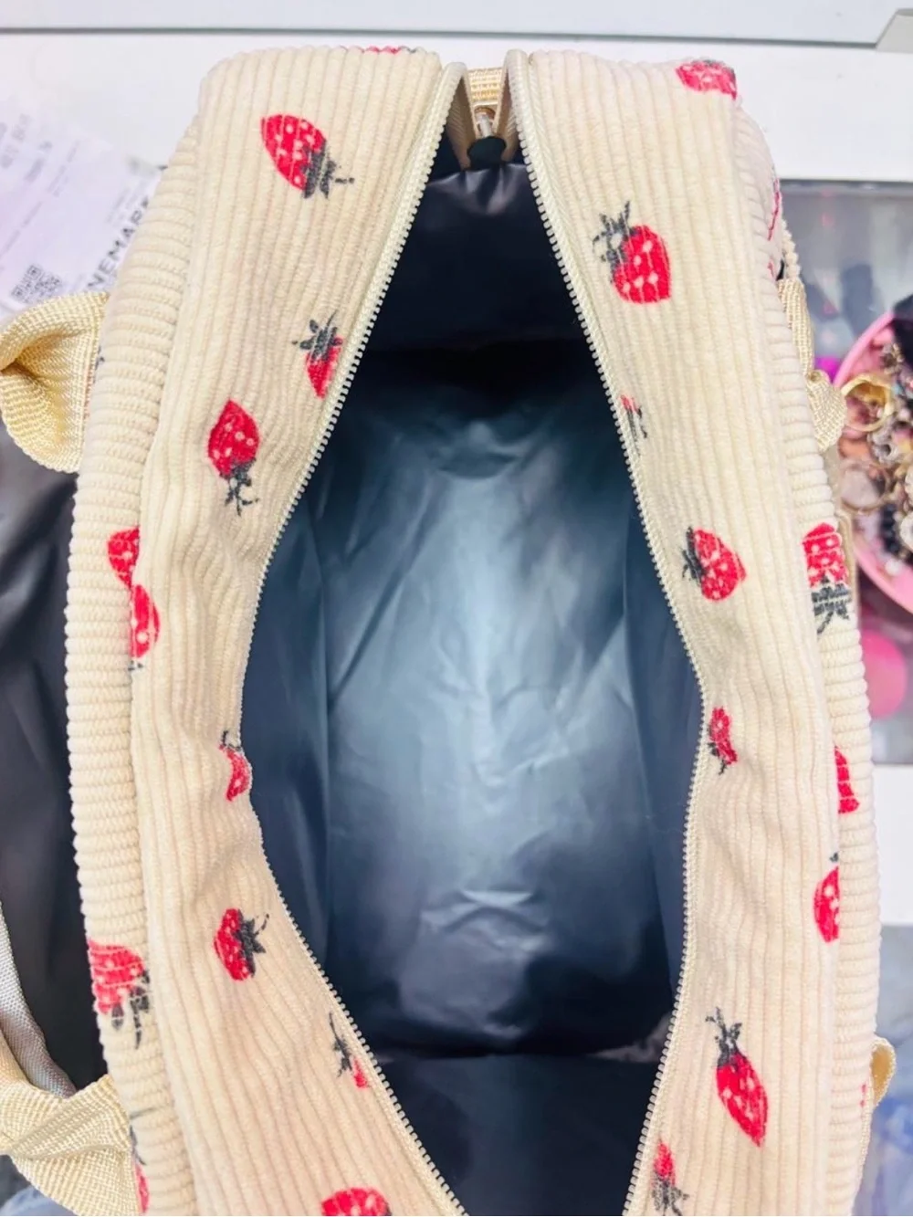 Primark Beige Corduroy Handbag with Red Strawberry Motif